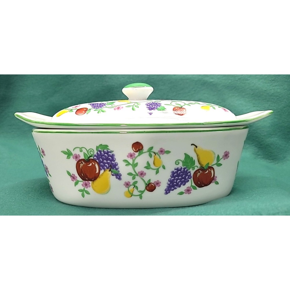 Cook Street Porcelain Butter Boat/ Storage‎ 3 Piece White Fruit Pattern 7" EUC